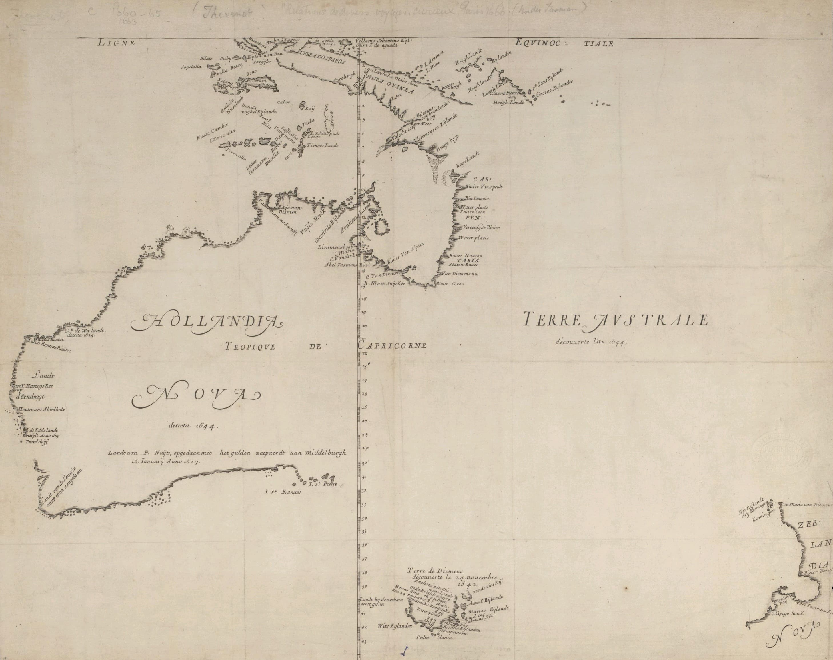 New Holland (Australia) — Hollandia Nova — Terre Australe, Melchisédech Thévenot (after Tasman), 1663